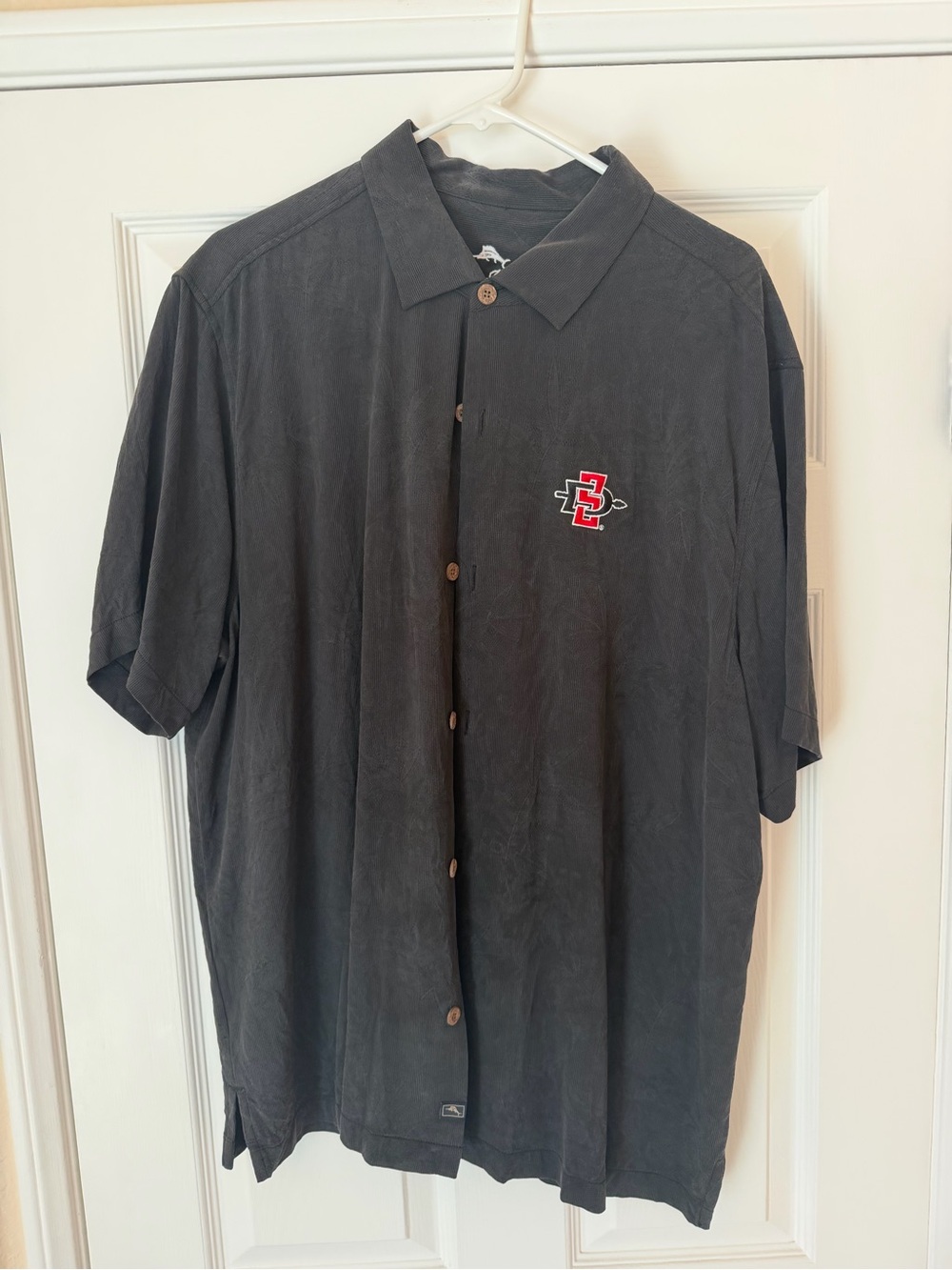 Tommy Bahama Black Short-Sleeve Button-Up with Red Embroidered Logo
